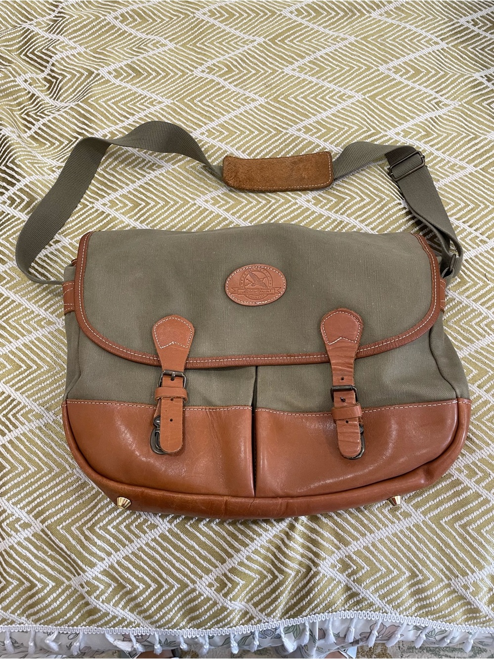 Vintage 1990s Eddie Bauer cotton Canvas Messenger with Brown Leather Trim